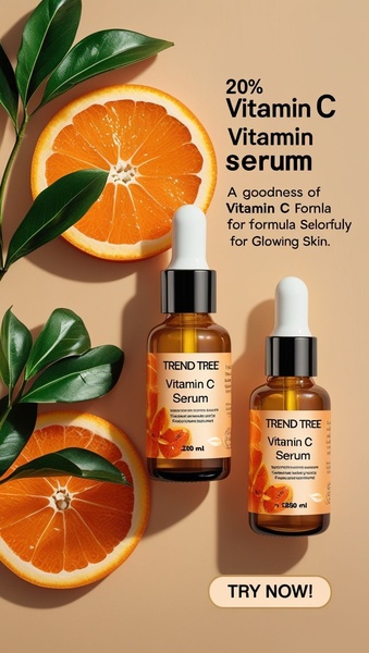 This creative showcases Vitamin C serum bottles paired with fresh orange slices against a warm, neutral background to emphasize natural efficacy.